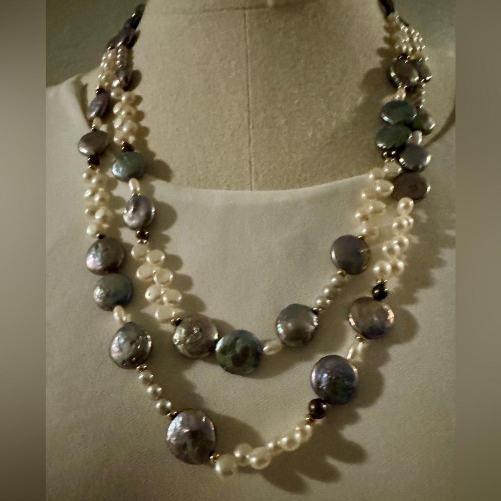 52” Zoe B. 14K Gold & Double Strand Coin Pearl Necklace - Picture 3 of 6